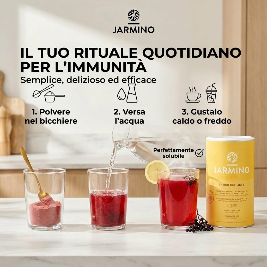 Idrolizzato di collagene con L-Glutammina - Rafforza il sistema immunitario | Vitamina C, D, Selenio, Zinco, Zenzero, Sambuco, Funghi vitali | 450 g di polvere di glutammina | JARMINO