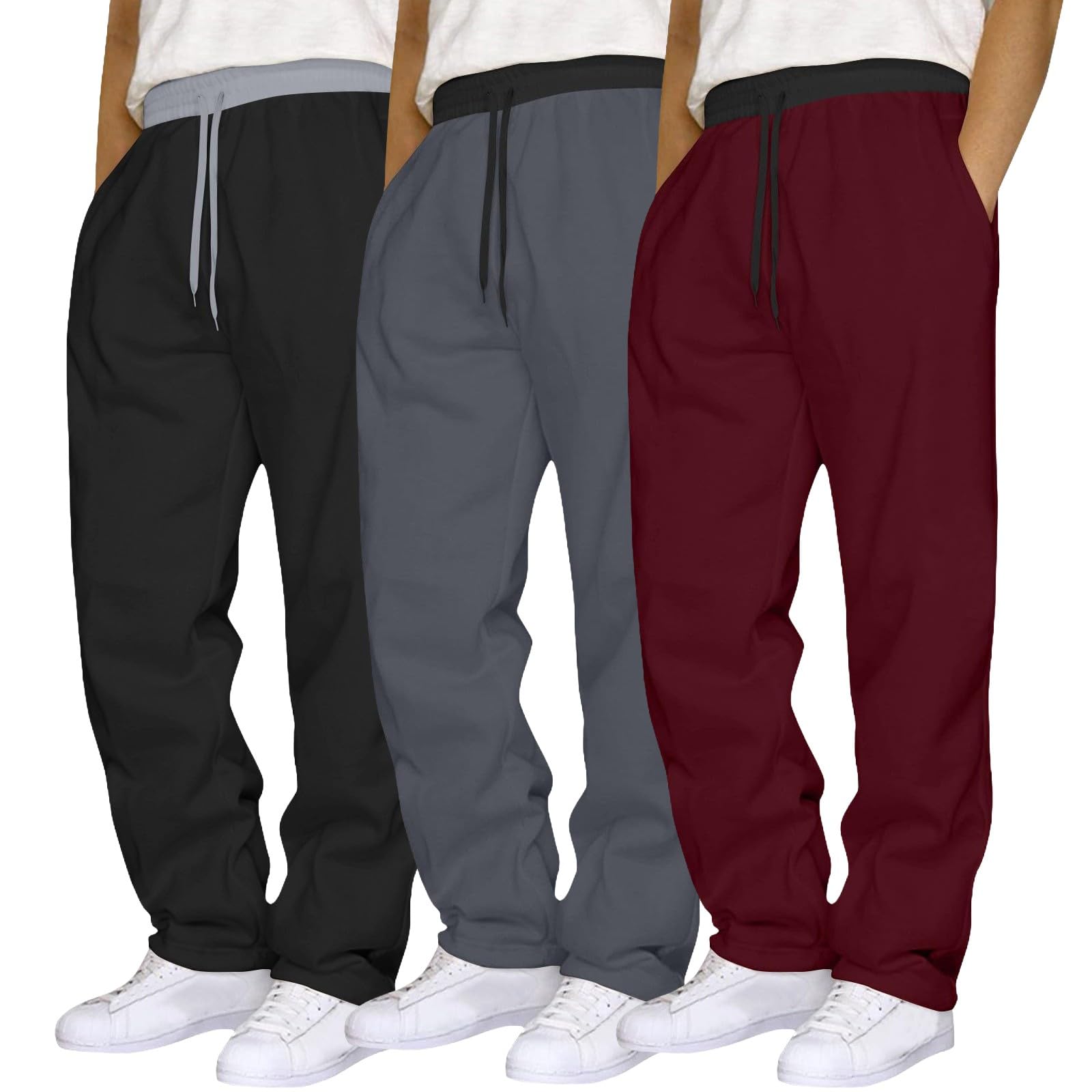 Lot de 3 pantalons de survêtement pour homme – Pantalon de survêtement avec poches pour la course à pied, le jogging, l'entraînement – Pantalon décontracté à taille élastique avec cordon de serrage