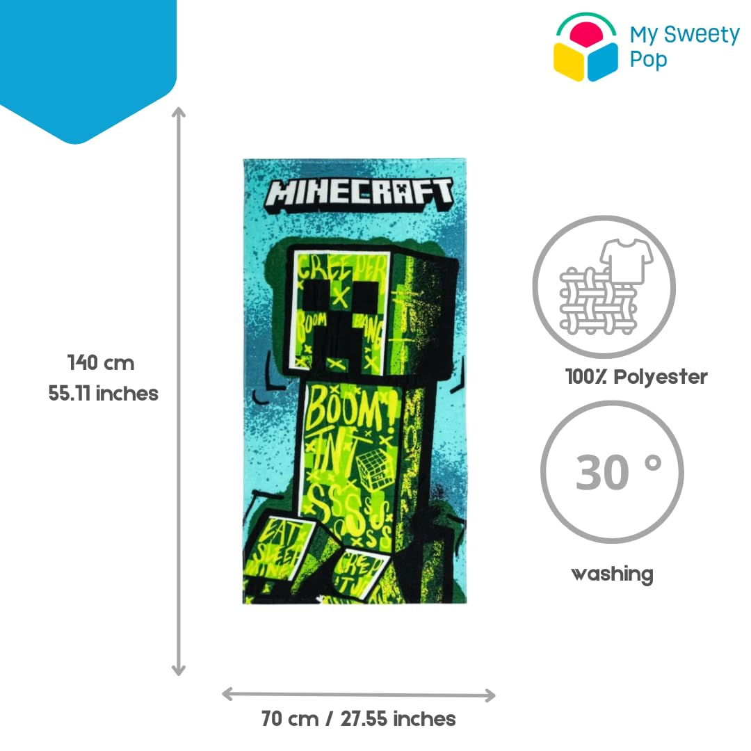 My sweety pop Ręcznik kąpielowy Minecraft Green 70x140 cm Prześcieradło plażowe | Mikrofibra dla dzieci Oficjalne akcesorium do gier wideo dla graczy, miękkie i szybkie schnięcie