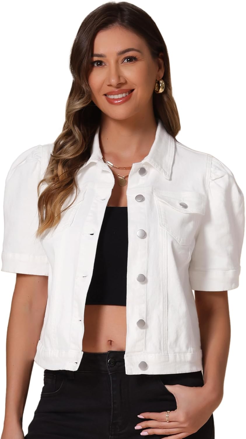 Allegra K Casual Jean Jacket for Women's Short Puff Sleeves Button-Down Denim Jacket