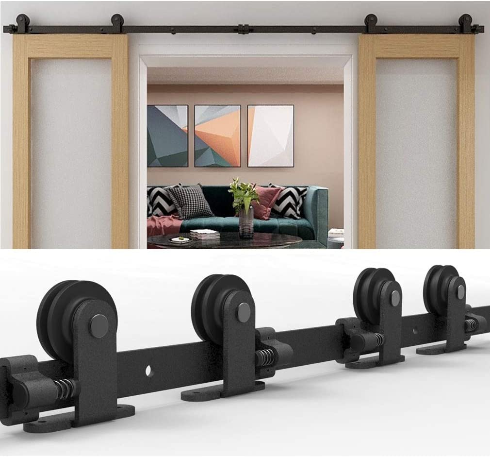 WOLFBIRD 5.5FT Sliding Door Hardware Closet Kit for Double Wood Doors, Steel T Roller Kit, Sliding Door Track System
