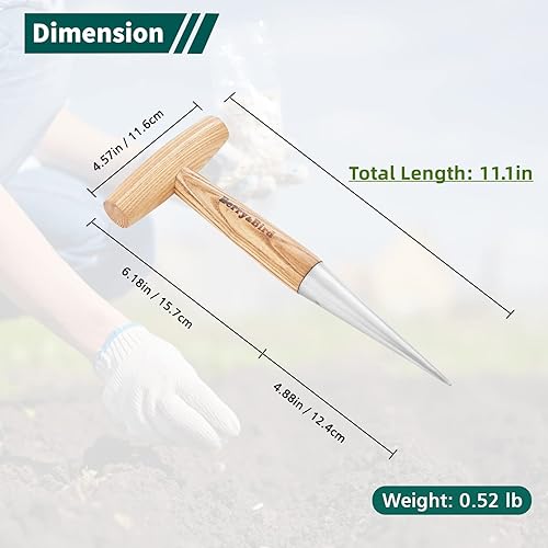 Miniatura 2 de Berry&Bird Dibbler de mano de acero inoxidable con mango de madera, herramienta para plantar semillas y bulbos, maceta de mano para plantar flores,