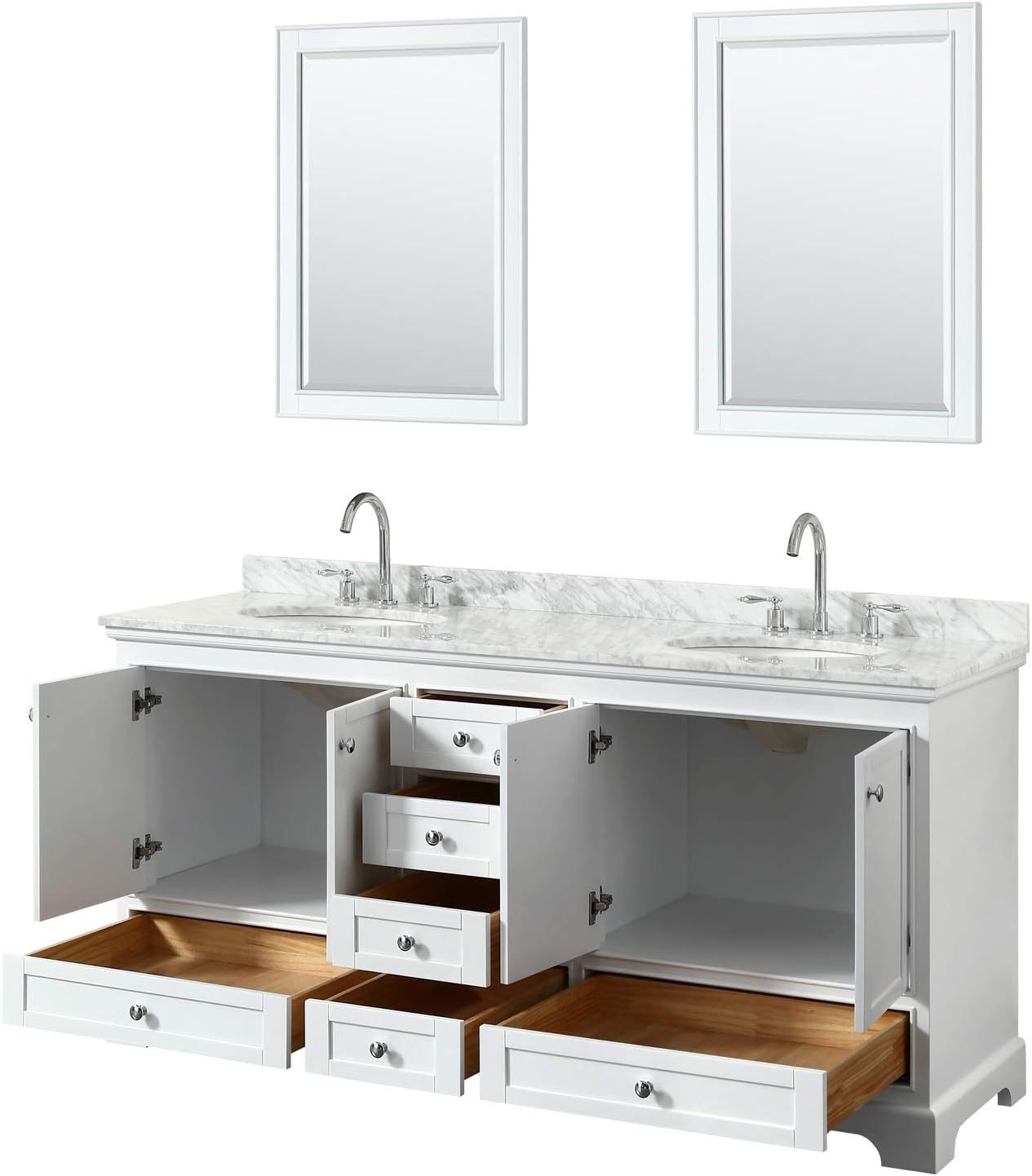 Wyndham Collection Deborah 72 Inch Double Bathroom Vanity in White, White Carrara Marble Countertop, Undermount Oval Sinks, and 24 Inch Mirrors