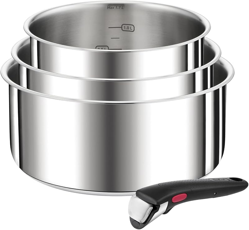Set de 4 oale Tefal Ingenio Preference din oțel inoxidabil pentru inducție L898S4, stivuibil, economisire de spațiu, mare