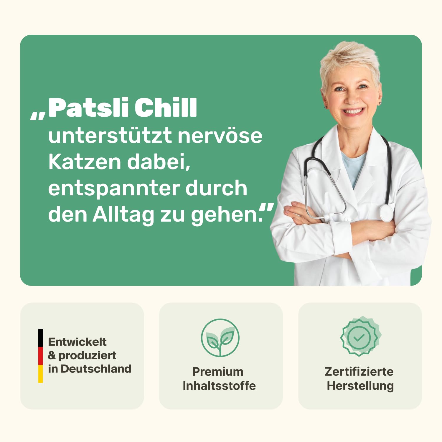 4-in-1 Ruhe Essenz für Katzen | Anti-Stress und Entspannung Katze | Beruhigungsmittel für Katze | Katzen und Kitten Leckerlies | Ergänzung für Nass- und Trockenfutter | Patsli® Chill