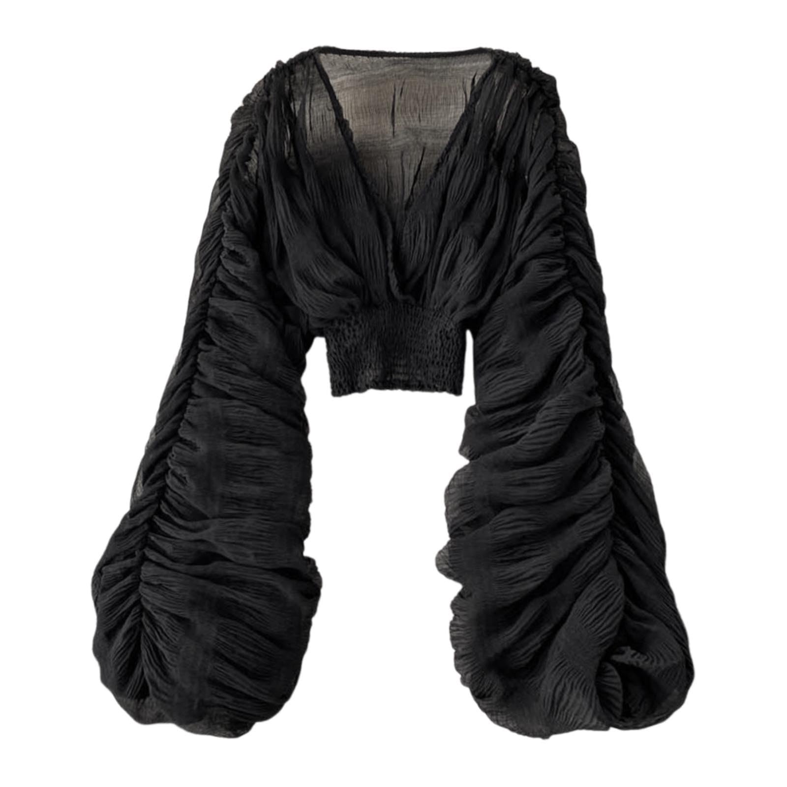 Top da donna in pizzo, a sbuffo, a maniche lunghe, con scollo a V, casual, sexy, con volant, a maniche lunghe, estivo, in pizzo, svasato, con bottoni, alla moda, top in chiffon
