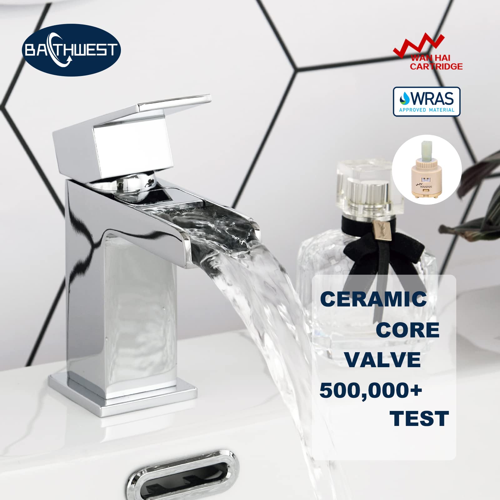 Cascade 612M Robinets de lavabo carrés avec bonde pop-up monobloc en laiton chromé avec vidage