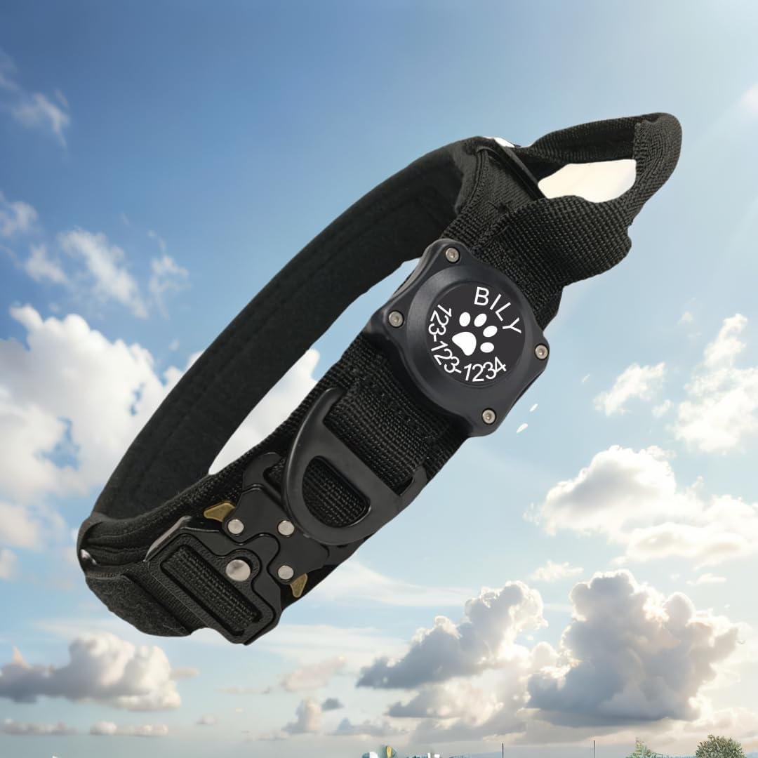 Personalized Tactical AirTag Dog Collar Waterproof Airtag Dog Collar Holder -, Adjustable Military Collar with Handle (Black, M(15-18.9"))