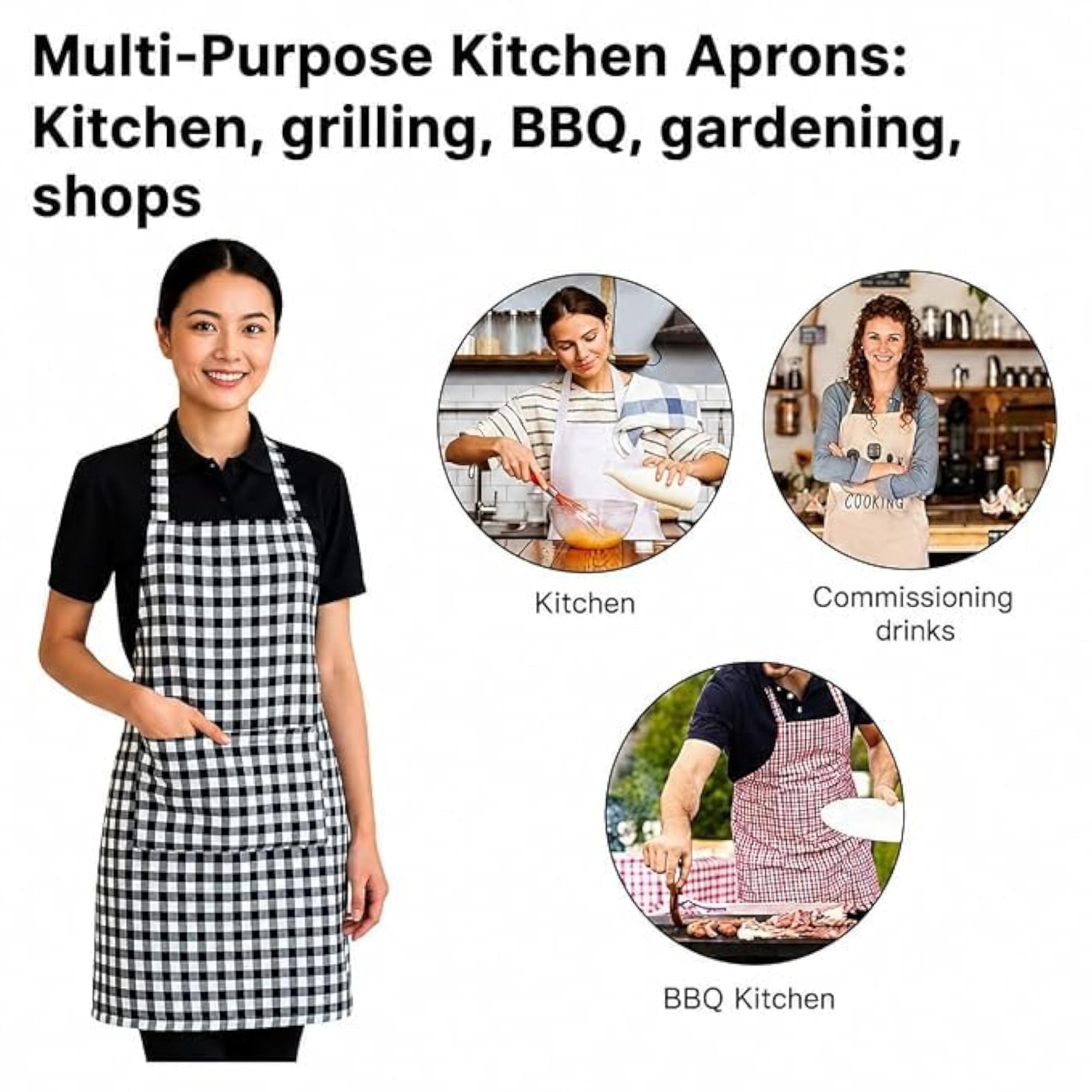 Cotton Apron 100% Cotton Check Kitchen Apron with Front Center Pocket