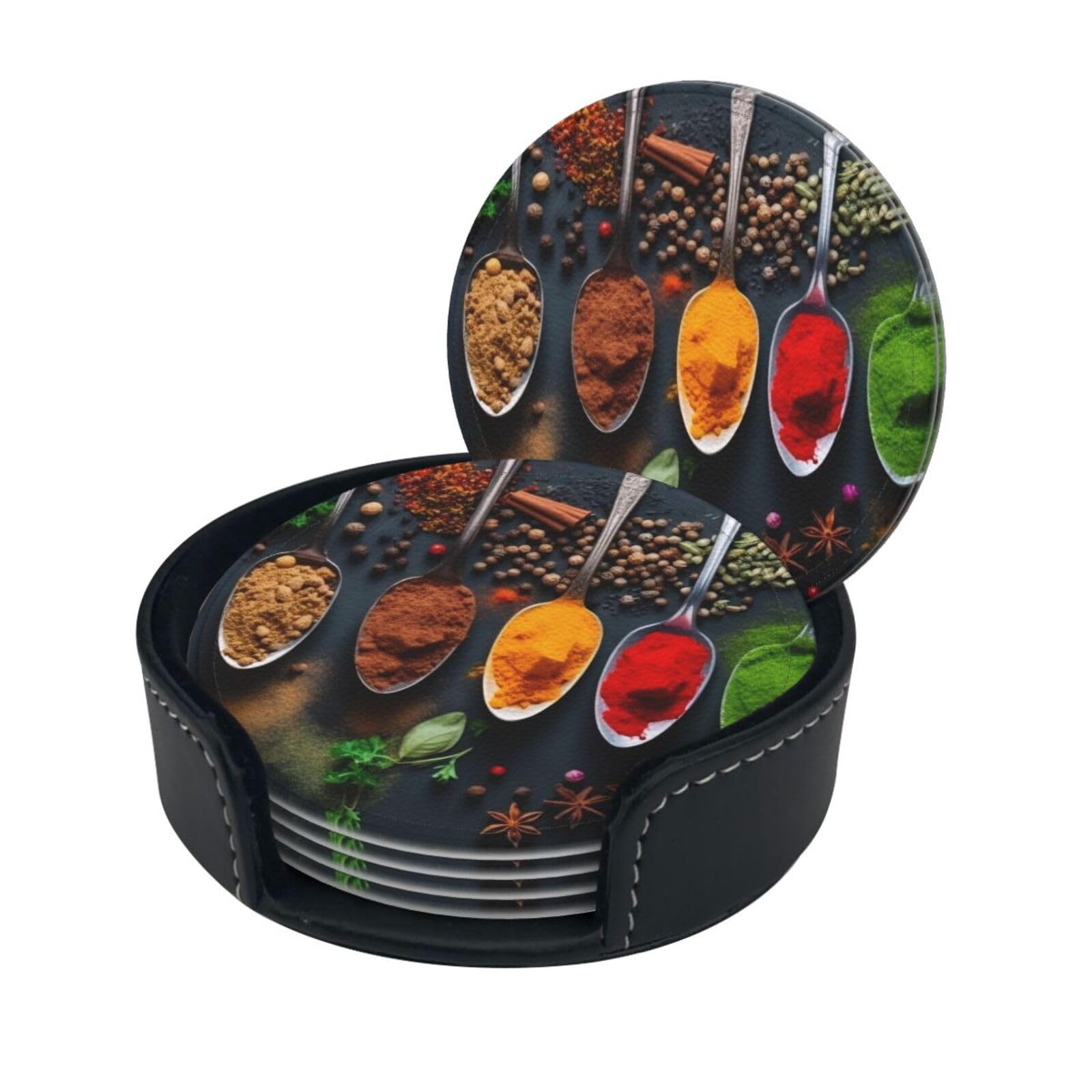 Smazdfxx Women's As Pic Stylish Coasters - Spices Set Of 6 Round Leather Drink Coasters With Holder - Perfect Size For Cups And Glasses
