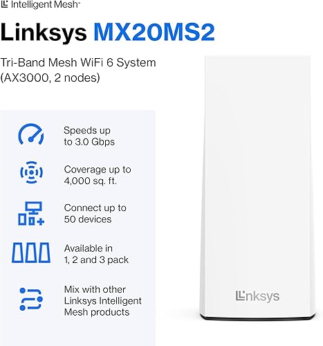 Miniatura 2 de Linksys Atlas WiFi 6 Router Sistema de malla WiFi para el hogar, doble banda, cobertura de 4,000 pies cuadrados, más de 50 dispositivos, velocidades