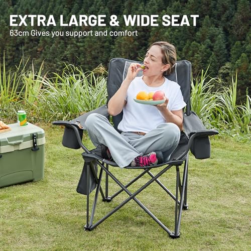 TIMBER RIDGE Camping Chairs for Adults Heavy Duty 200kg Oversized, Padded Folding Chair with Cup Holder and Cooler Bag Comfy for Outdoor Picnic Fishing Garden, Lightweight and Portable (Grey- 2PCs) - Image 5