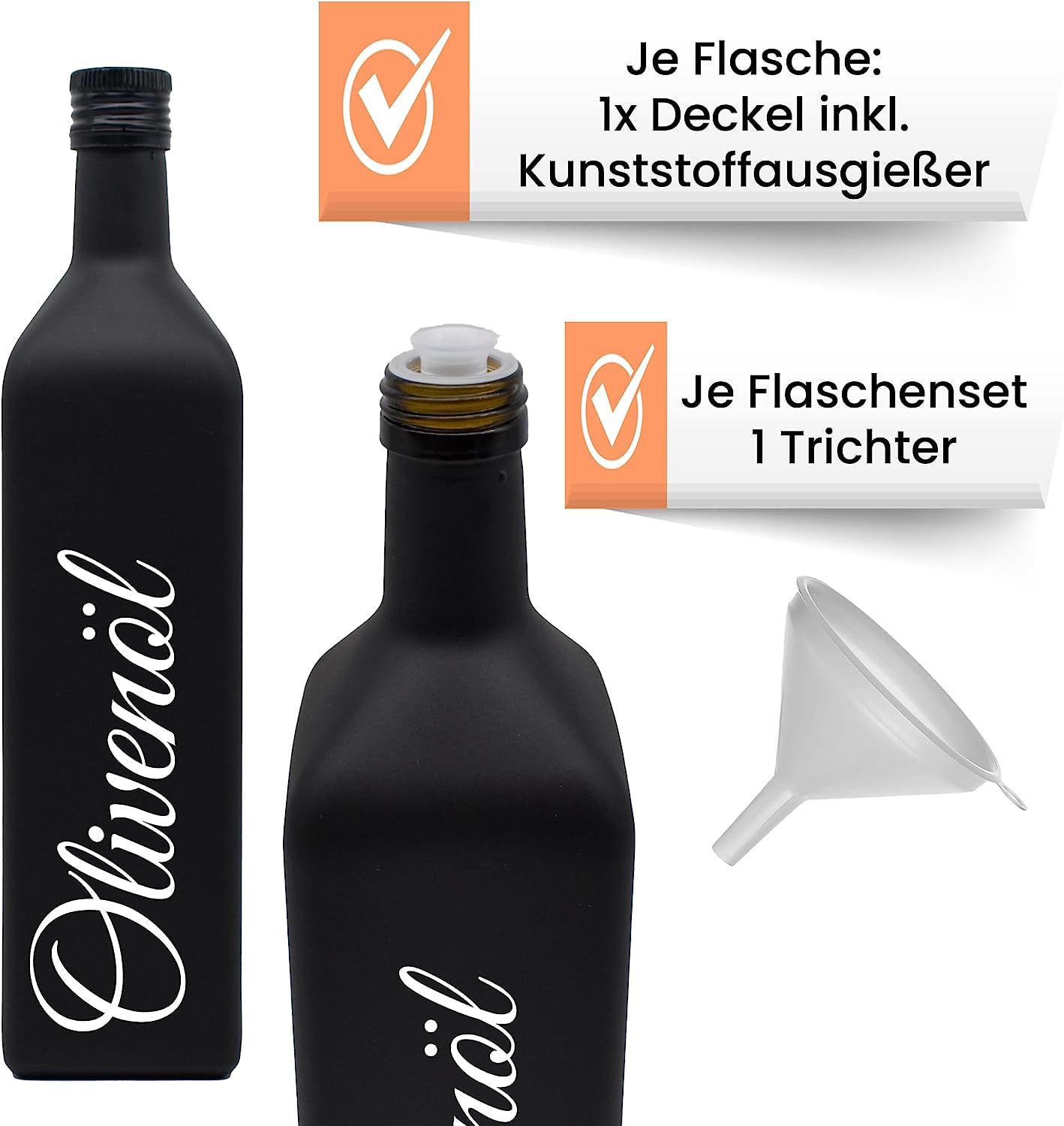 Generisch Ölflasche 1 Liter mit Edelstahl-Ausgießer - schwarz-matt - 4er Set - Glas - Haushalt - inkl. Trichter - Küche - hochwertig - Made in Germany (Ausgießer)