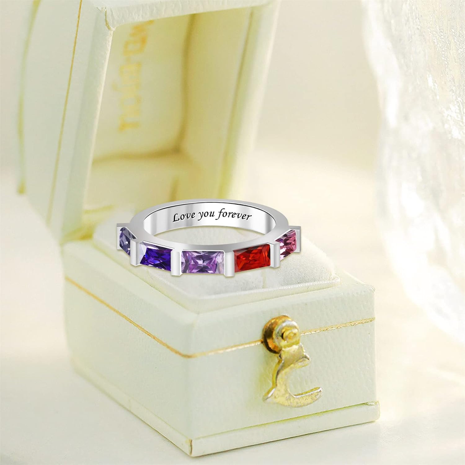 Customized Birthstone Statement Rings for Women Rings Rainbow Wedding Band Colorful Promise Rings for Mother Bridal Eternity Rings Engagement Anniversary Christmas Gifts for Mom