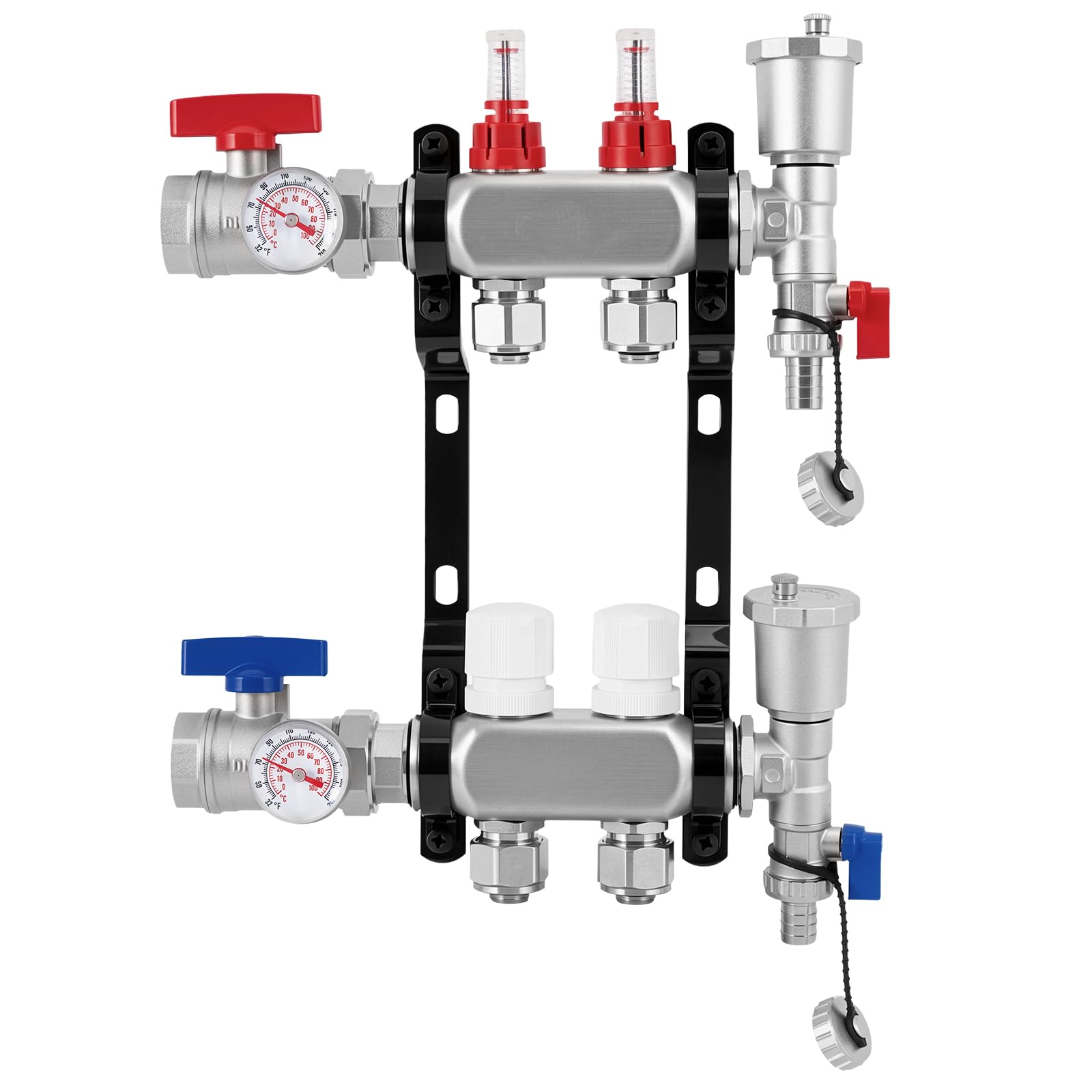 YUCHENGTECH Collecteur Plancher Chauffage en Acier Inoxydable 2 Circuits | Avec Eurocône 3/4"(16x2mm) Distributeur Circuit Chauffage avec Débitmètres, Purgeur d'air Automatique et Vannes à Bille 1"