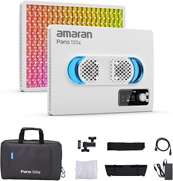 amaran Pano 120c Kit 120W RGBWW Full-Color Panel Light, Up to 13,490 Lux @ 1m, USB C PD & 150W DC Powered, Includes Softbox, Grid, Diffuser, Carrying Case for Photography & Video - White