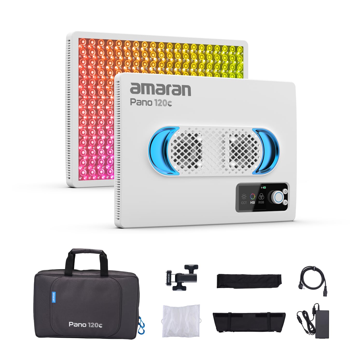amaran Pano 120c Kit 120W RGBWW Luce a pannello a colori, fino a 13.490 Lux @ 1m, USB-C PD e 150W DC Powered, include Softbox, Griglia, Diffusore, Custodia per fotografia e video - Bianco