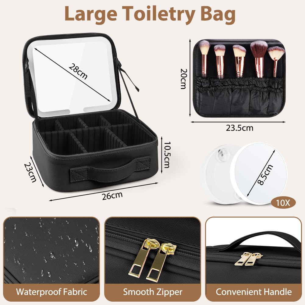 OSDUE Estuches de Maquillaje con Espejo Iluminado, PU Impermeable Maquillaje, Recargable Espejo LED (3 Colores y Regulación Continua) Profesional Neceseres de Viaje, EVA Compartimentos Ajustables Nero