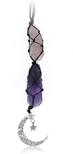 Boho Garden - Dije colgante para automóvil, Cuarzo rosa, amatista, Luna colgante, accesorios de cristal curativo, Decoraciones de espejo retrovisor,