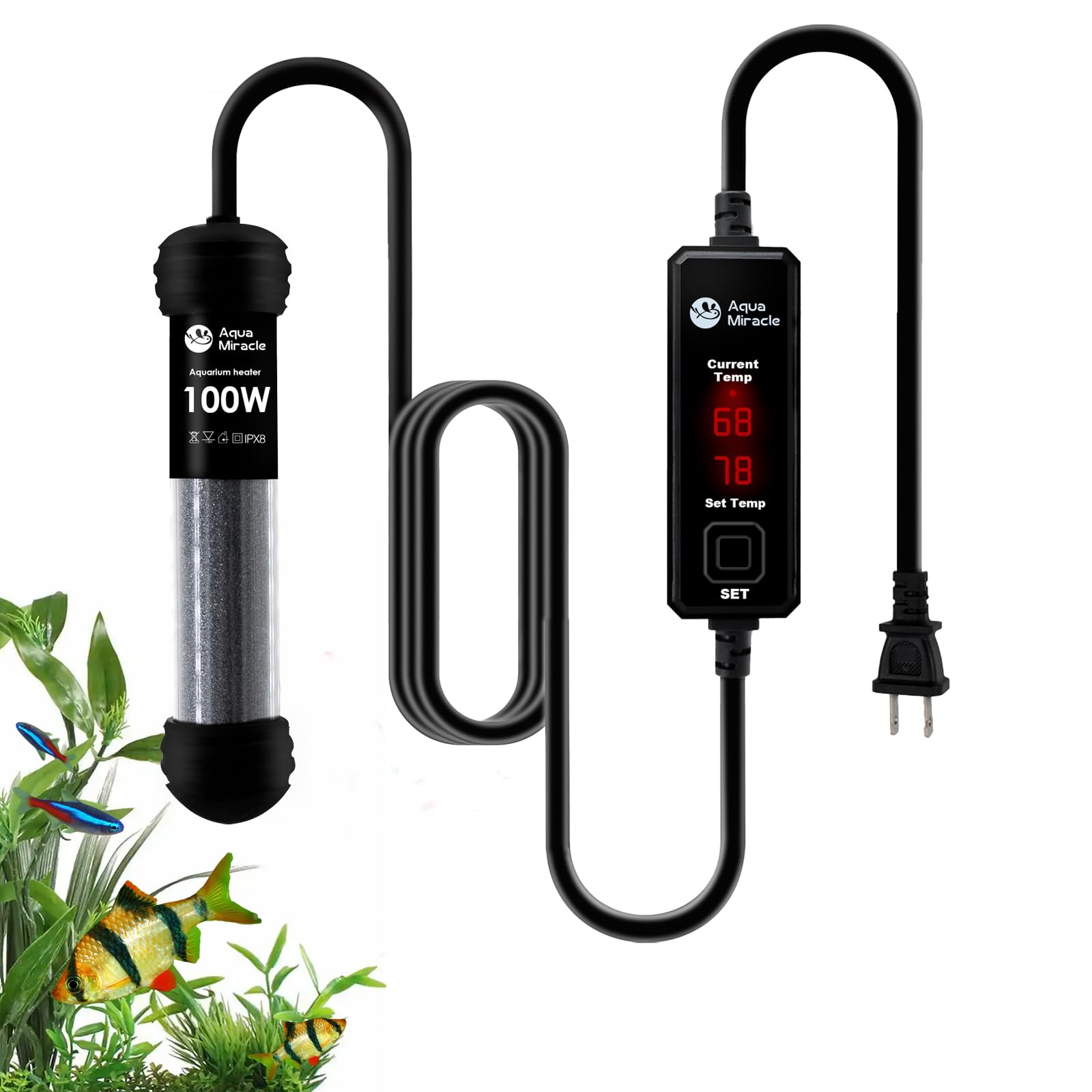 AquaMiracle 100W Small Aquarium Heater Fish Heater, Super Mini Fish Tank Heater Turtle Tank Heater for 10-20 Gal Tanks, with Dual LED Display, Dry-Run
