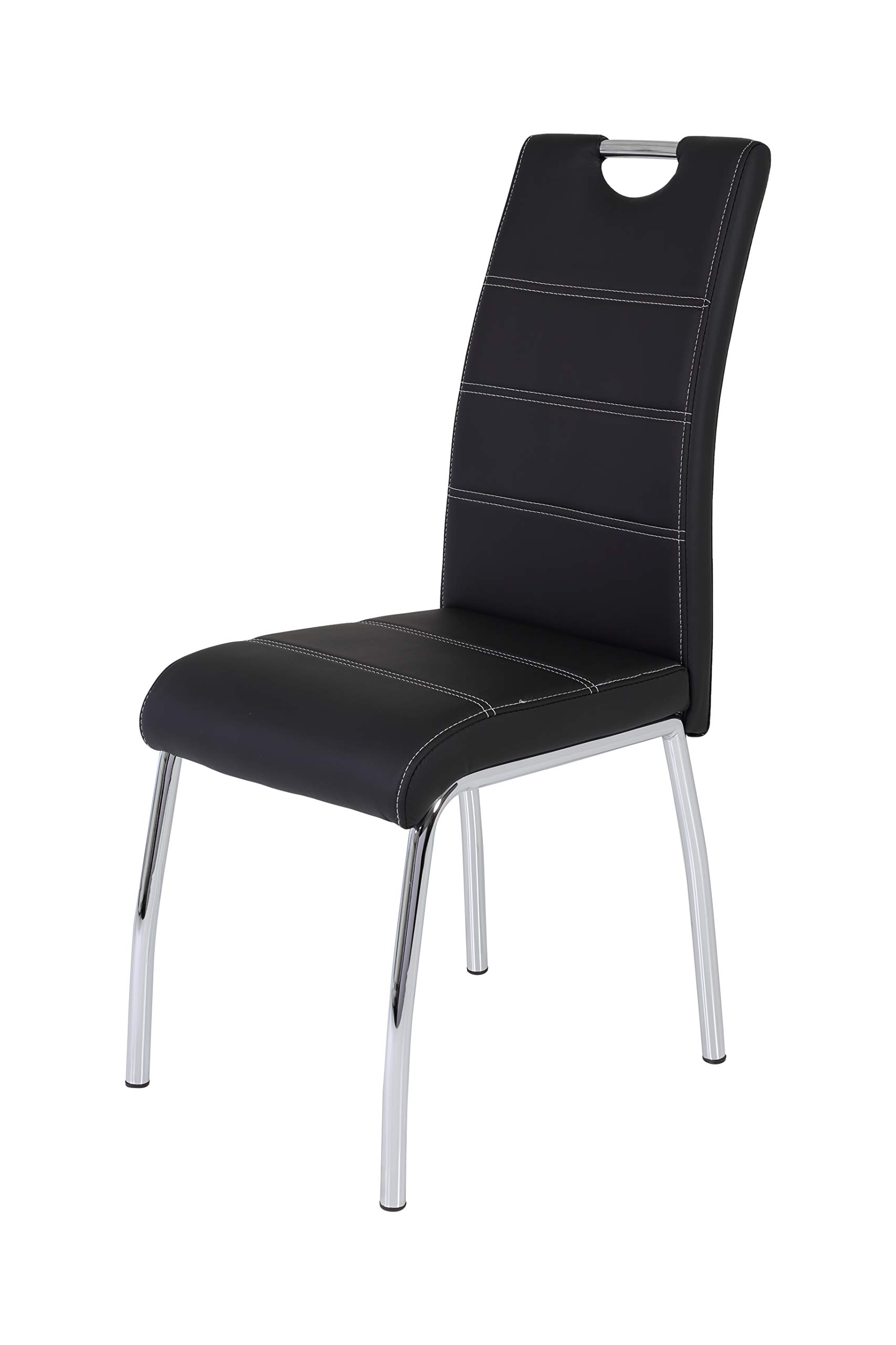 Hela Tische, 4er Set Esszimmerstuhl Susi, Bezug Kunstleder Schwarz, Griffmulde, Metallgestell Chrom, 43 x 61 x 98 cm