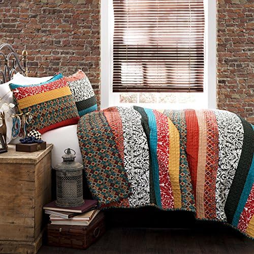Lush Decor Boho Çizgili Yorgan Ters Çevrilebilir 3 Parça Bohem Tasarım Yatak Seti - King - Turkuaz ve Mandalina — Amazon ürün görseli