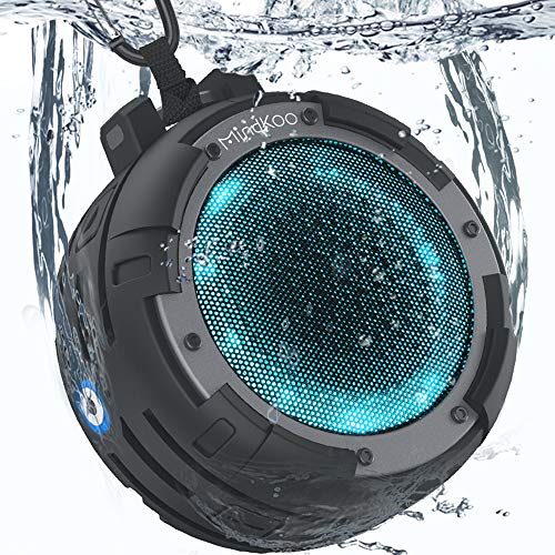 Shower Speaker, Mindkoo IPX7 Waterproof Portable Bluetooth Wireless Speaker with 4 LED Light Modes, Built in Mic, Super Bass and HD Sound for Bathroom, Bike, Beach, Pool, Home and Outdoor