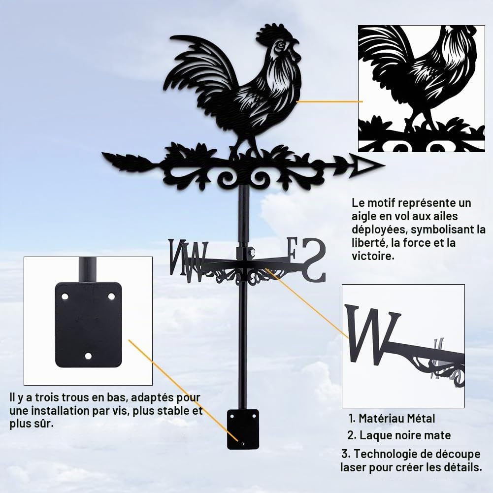 INFUNLY Girouette coq en métal - Noir - 35 x 27 cm - Direction du vent précise - Décoration de jardin et de ferme