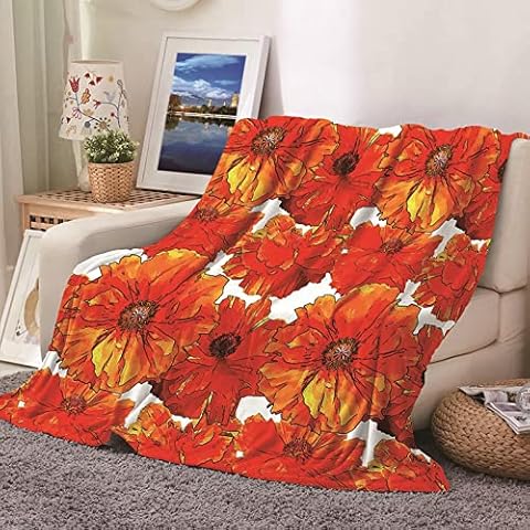 Gualiy Bedroom Blanket, Red Orange Flowers Print Soft Fuzzy Blanket Orange Yellow Soft Throw Blanket For Women Cover