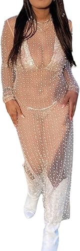 Miniatura 2 de Vestido de malla transparente con diamantes de imitación de perlas para mujer cubierta de traje de baño de manga larga para playa