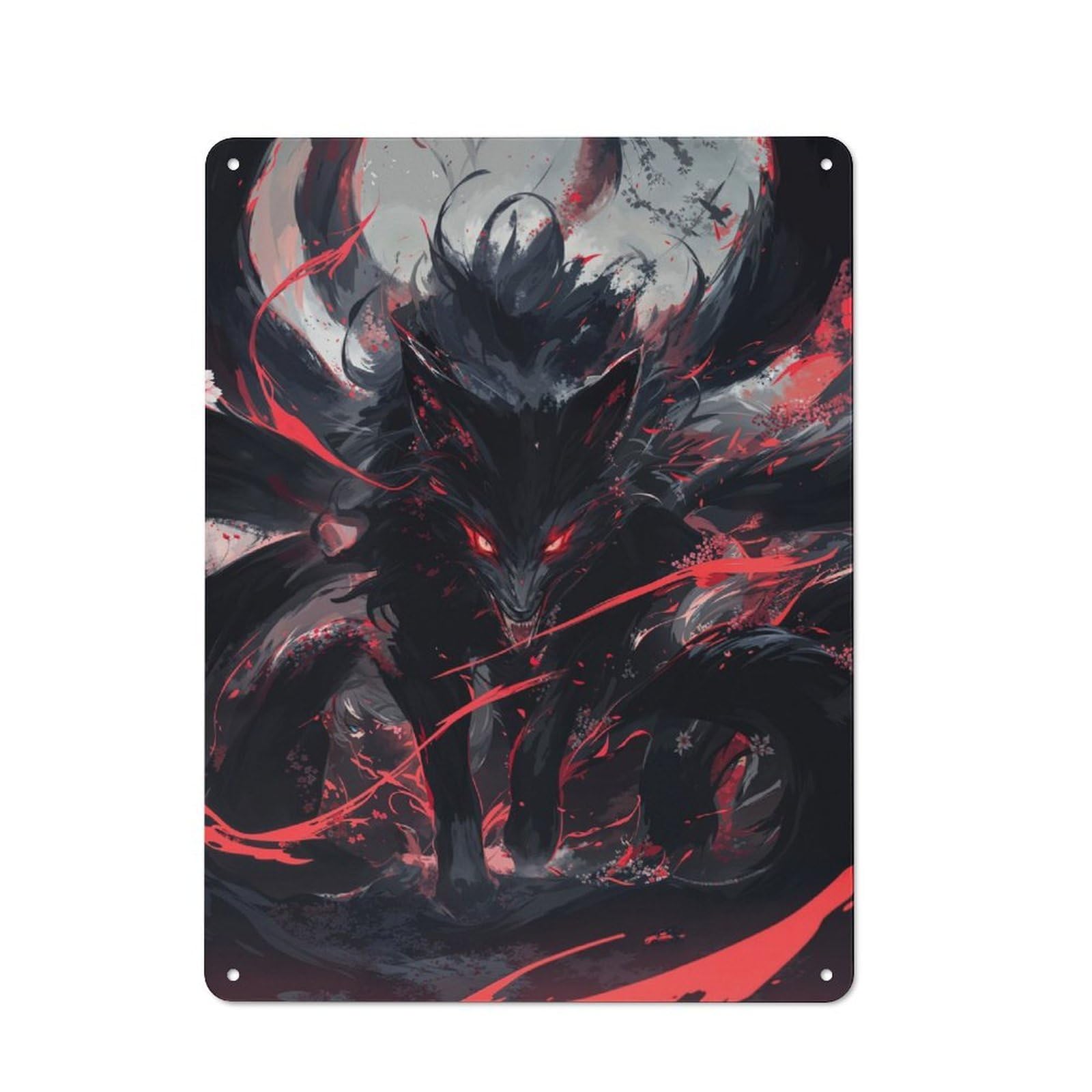 Junmoney Black Kitsune Power Urban Metal Wall Decor 40X30cm, Metal Wall Art Sign For Loft, Studio, Office Or Creative Room