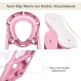 Potty Training Toilet Seat with Step Stool Ladder for Kid and Baby, Adjustable Toddler Toilet Training Seat with Soft Padded Seat, Safe Handles and Non-Slip Wide Steps, Pink White for Girls