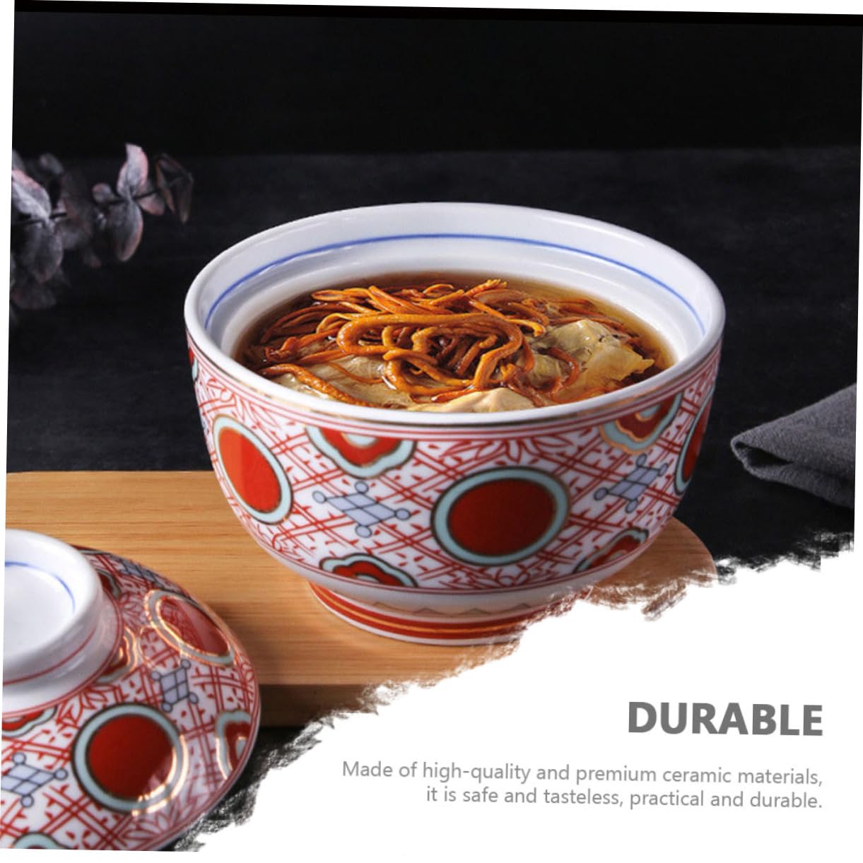 PRETYZOOM Tazón de Cerámica Rojo para Servir Comida con Tapa y Superficie Lisa, Adecuado para Aperitivos y Sopa Miso Hogar