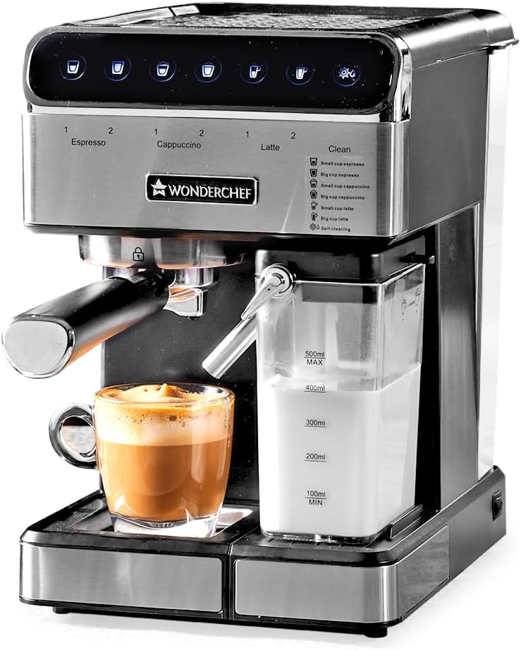 Wonderchef Regenta Automatic Coffee Maker, 20-bar with Auto-Frother, Make Espressos, Cappuccinos & Lattes at Home, With Steamer, Metal Porta Filter, Temperature Dial, 2 Years Warranty