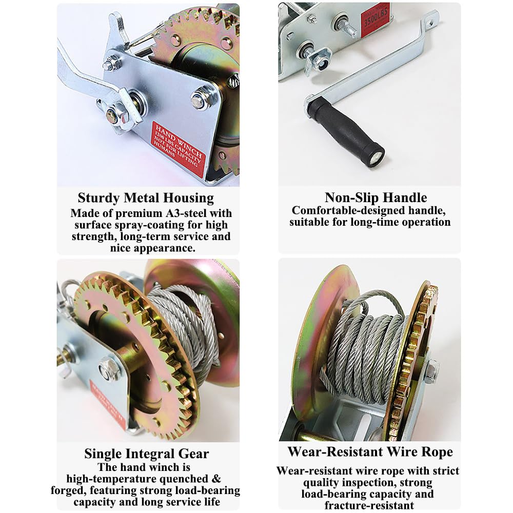 Verricello Manuale,Verricello per Rimorchio da Barche Manovella | Manovella Ergonomica E Cavo In Acciaio,Freno Autobloccante Unidirezionale,Per Rimorchi Per Barche E Atv