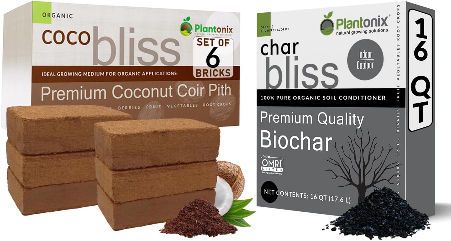 Coco Coir 650gm Bricks (6-Pack) + Char Bliss (16 Qts) - Organic Coco Coir Bricks & Biochar for Plants - Coconut Coir for Plants - Biochar Soil Amendment - Charcoal for Plants - Garden Soil Potting Mix