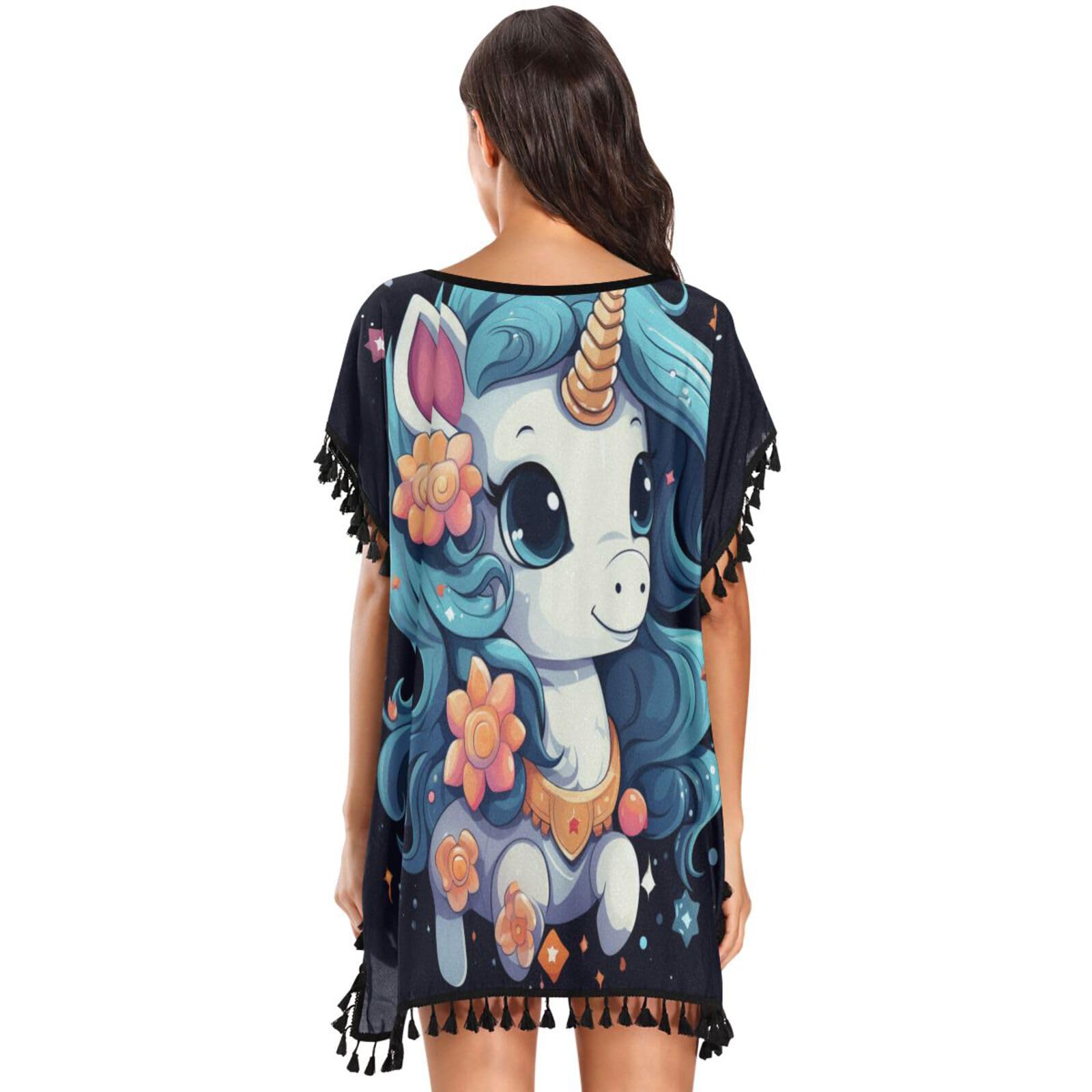 Unicorn Cute Space Stars Women's Beach Cover Up Chiffon Tassel Swimwear Swimsuit Coverups for Girl