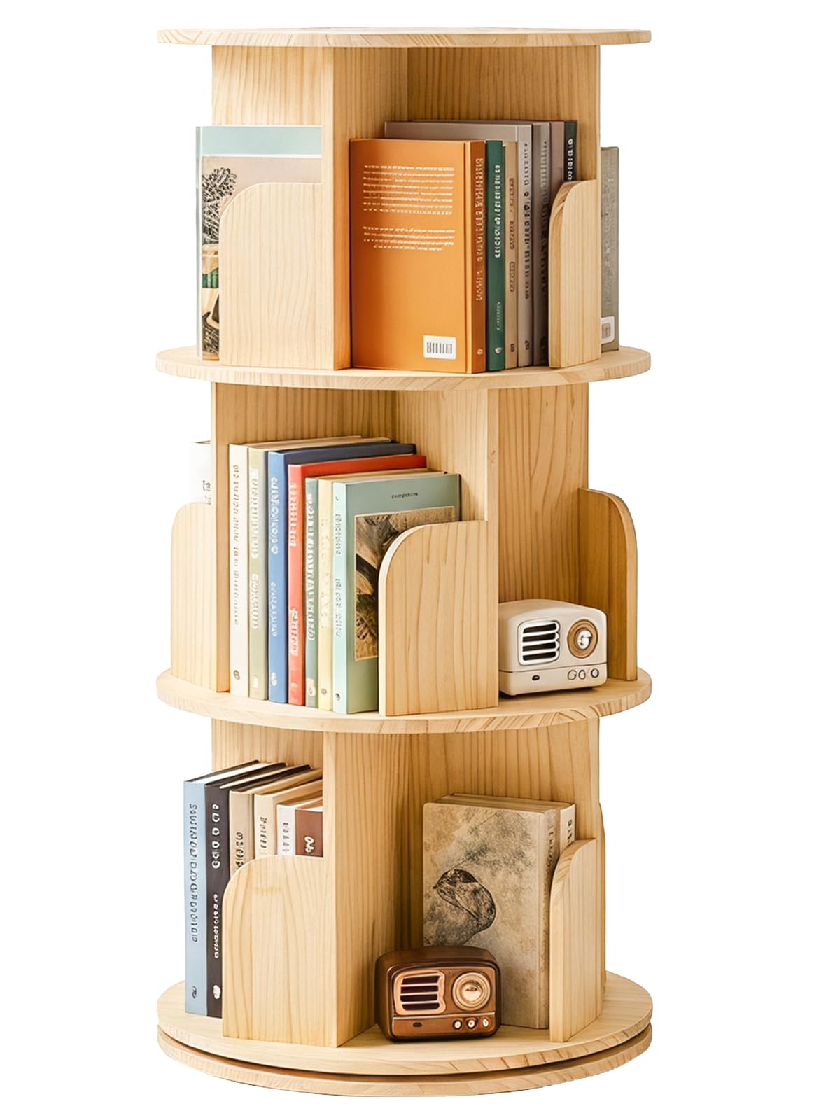 CROWNSHOP Wooden Rotating Bookshelf 3-Tier Pine Storage Shelf Spinning Bookshelf Natural Wood Color, O-Shaped Ball Bearing, Mortise & Tenon + Screw Assembly, 97x46cm (3 Tier) — image 1