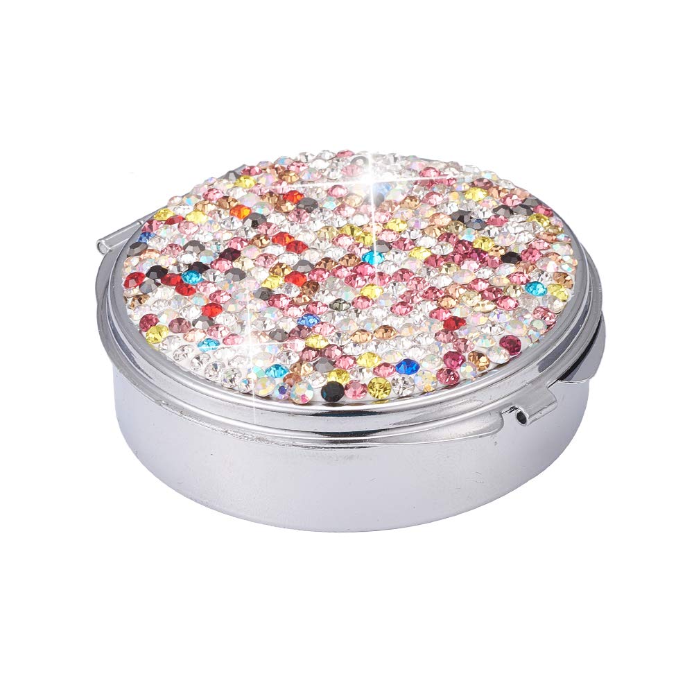 XianghuangTechnologyShiny Diamonds Pill Box/Pill Case, Compact 3 Compartment Medicine Case Holder for Pocket or Purse, Round Medicine Organizer for Vitamin/Fish Oils/Supplement (Multi-Colored)