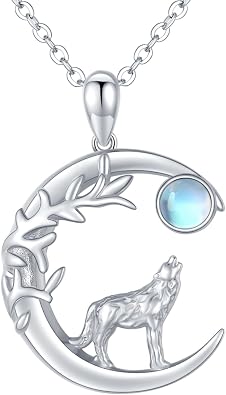 Wolf Necklace for Women S925 Sterling Silver Moonstone Celtic Wolf Necklace Tree of Life Pendant Animal Jewelry Gift for Mom Daughter Wife Halloween