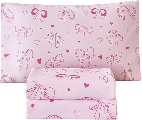 WINLIFE Pink Bow - Juego de sábanas para niños, tamaño individual, 3 piezas de sábanas con estampado de corazones y lunares rosados, microfibra