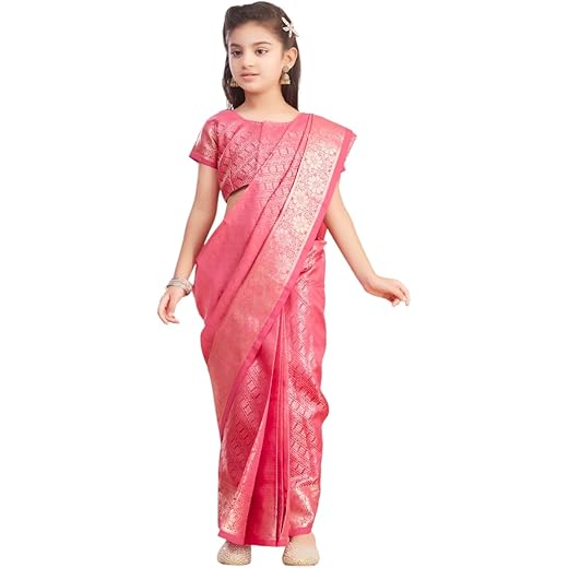 Aarika Girls Zari Silk Saree Rama-Purple