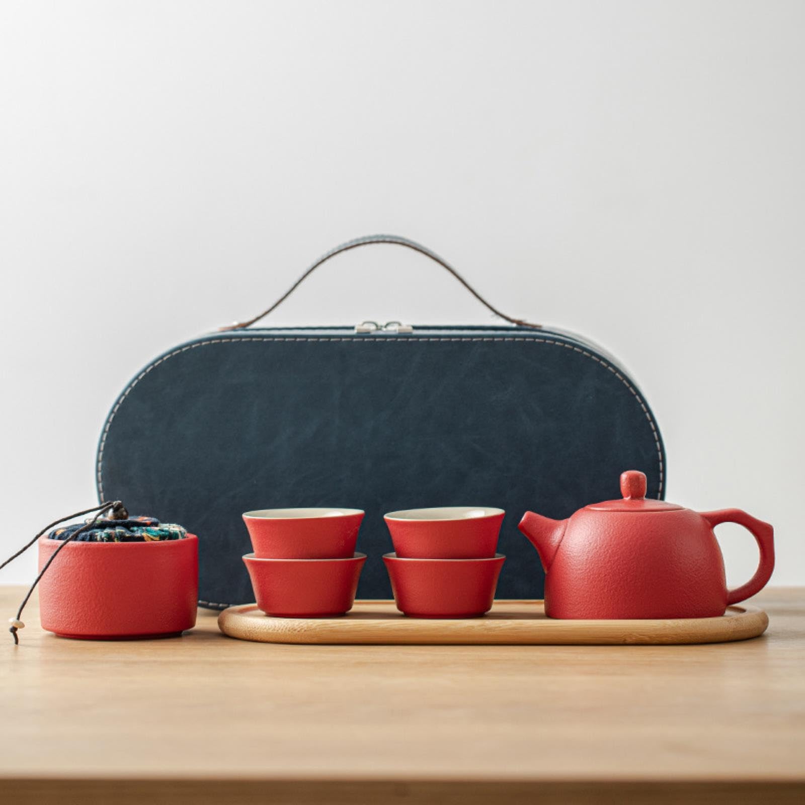 Set da tè da viaggio all'aperto portatile attività aziendale teiera in ceramica anti scottatura set da tè verde una pentola con quattro tazze+piatto da tè+lattina da tè+sacchetto blu