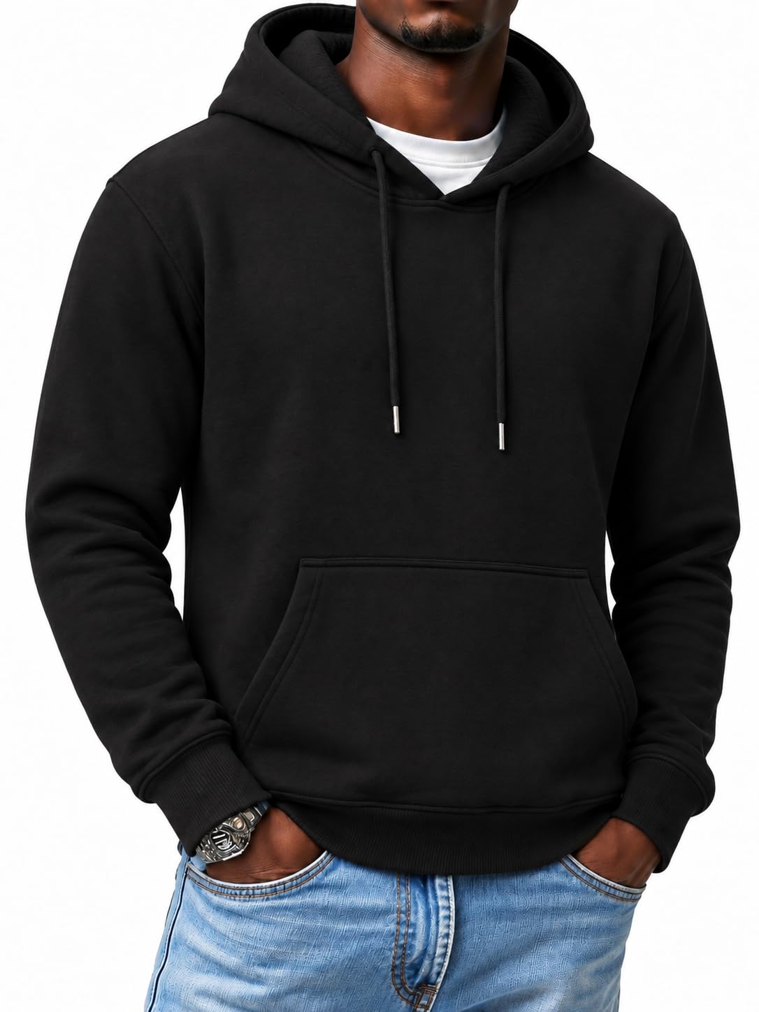 Men's Midweight Fleece Lined Pullover Hoodie, Plain Warm Sweatshirt