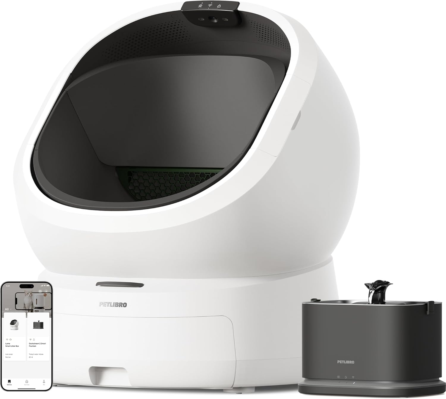 Bundle of PETLIBRO Luma Automatic Cat Litter Box + PETLIBRO Upgrade Cat Water Fountain Stainless Steel Tray, AI Camera Waste Analysis, Open-Top Multi-Cat Recognition LitterBox