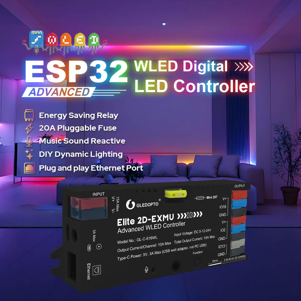 GLEDOPTO ESP32 WLED Elite Controller Relè, Ethernet, Audio Reattivo, Fusibile 20A per Strisce LED Indirizzabili Digitali WS2811, WS2812, SK6812, WS2815 (nero)
