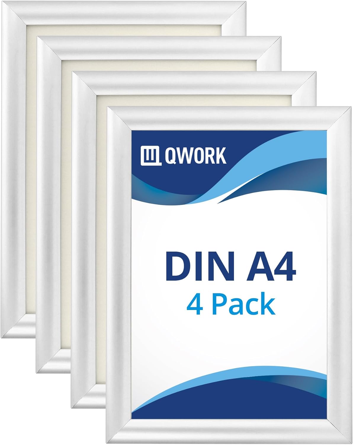 QWORK 4 Pack A4 Aluminum Snap Frame, Front-Loading Wall Mount Picture Frame Poster Holder with Mitred Corners, 1" Profile Anodised Aluminium, for Picture, Document or Certificate, Silver