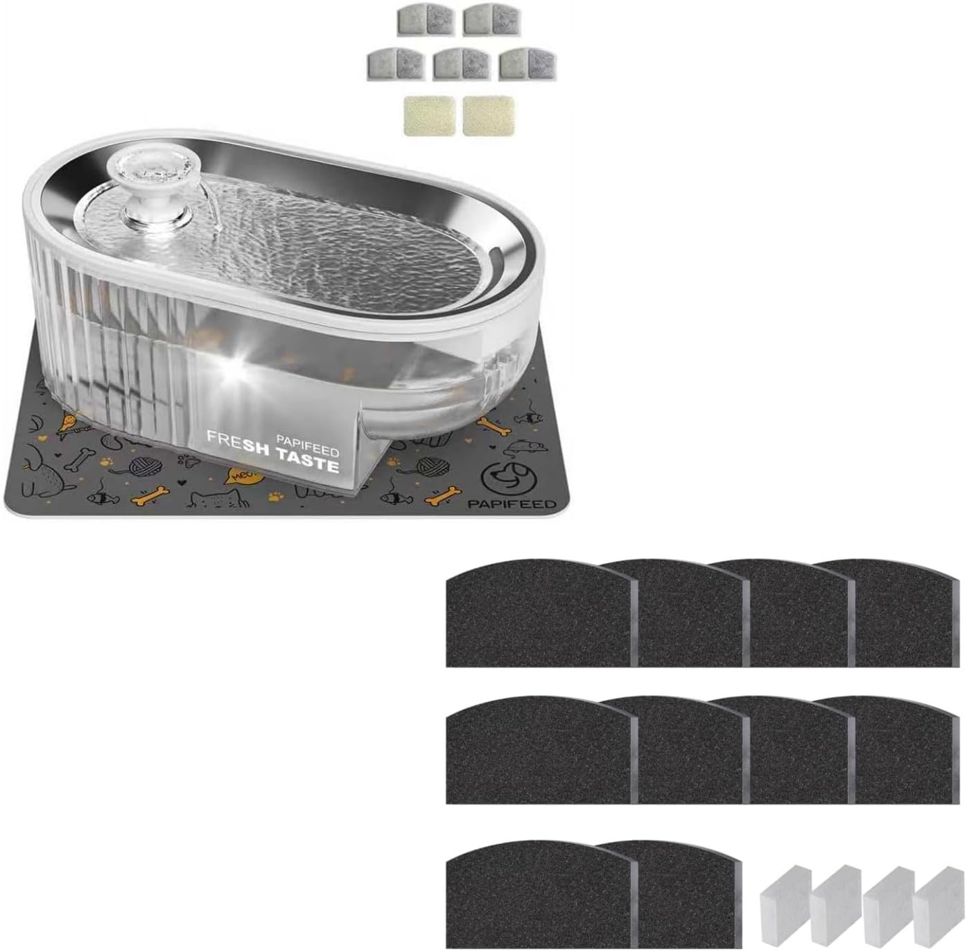 PAPIFEED Cat Water Fountain Stainless Steel with a Silicone Mat and 10 PCS Replacement Filters & 4 PCS Replacement Pre-Filter White