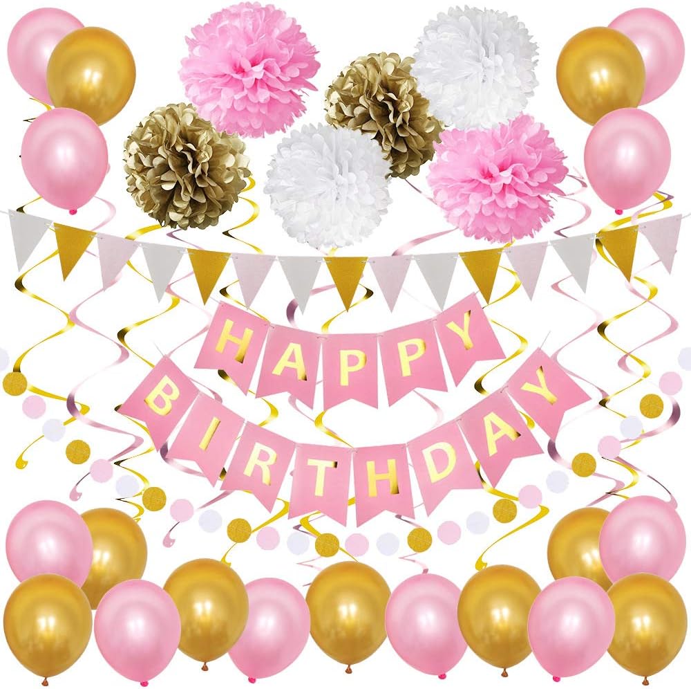 Okany Party Decorations Happy Birthday Banner Bunting Kit Hanging Paper Circle Dot Bunting Banner Streamer Paper Pom Poms Flower Hanging Swirl for Birthday Party Decorations