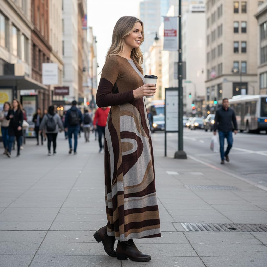 Women's Long Sleeve Maxi Dress with Floral, Plaid, Musical Note & Ethnic Prints, Loose Fit Flowy Casual Long Dress for Women - Image 4